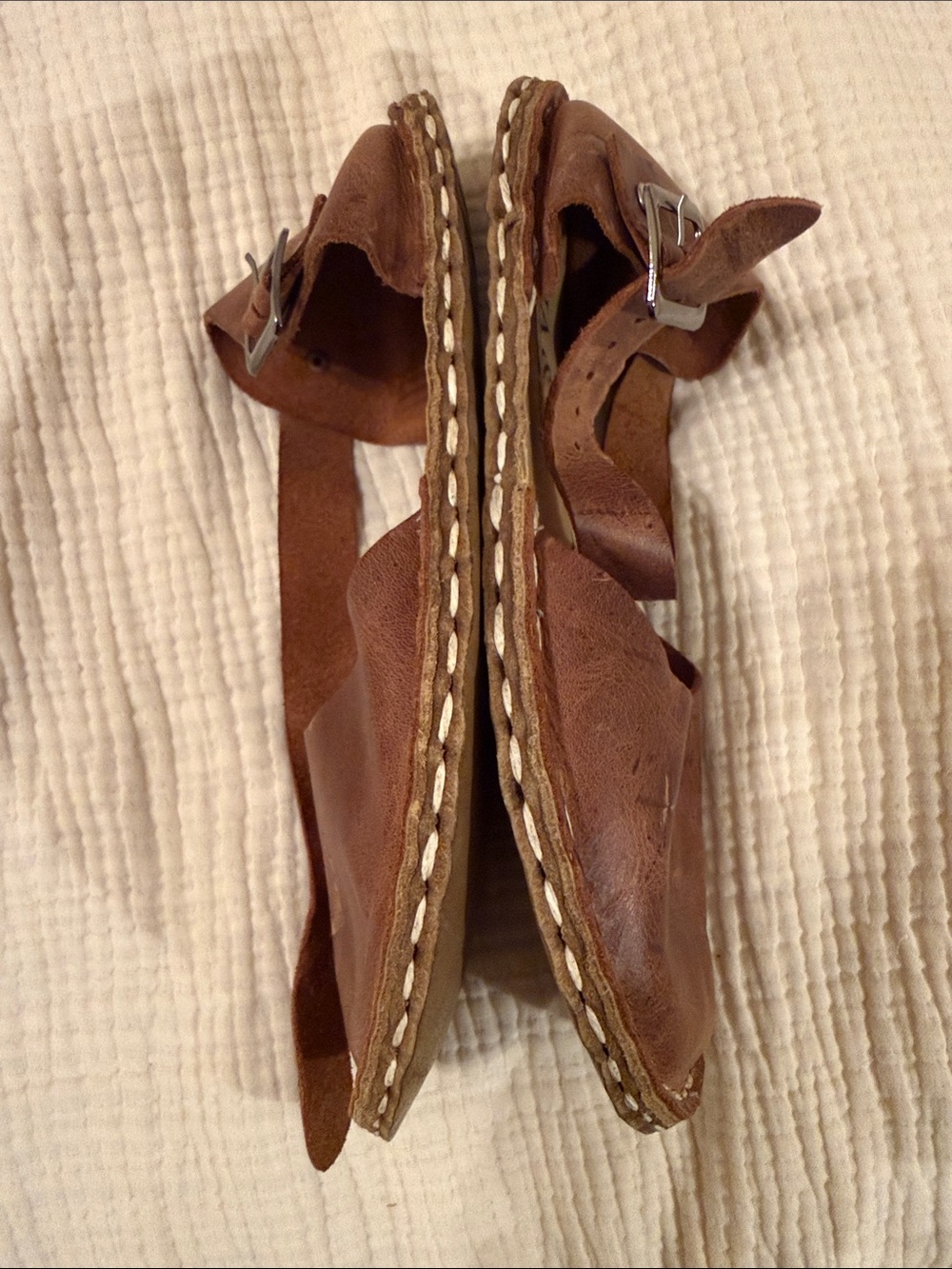 Handmade Brown Leather Women's Ankle-Strap Flats - Picture 4 of 6